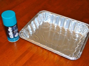 Clean, empty foil pan and shaving cream